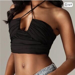 Zara black satin effect draped ruched halter top crop S